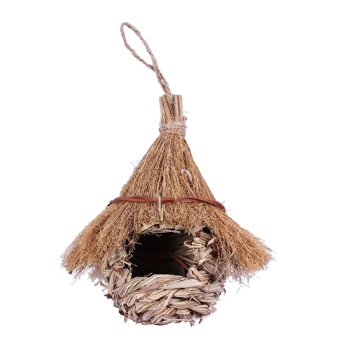 Hand-woven grass bird house with a straw roof and twine hanging from the top