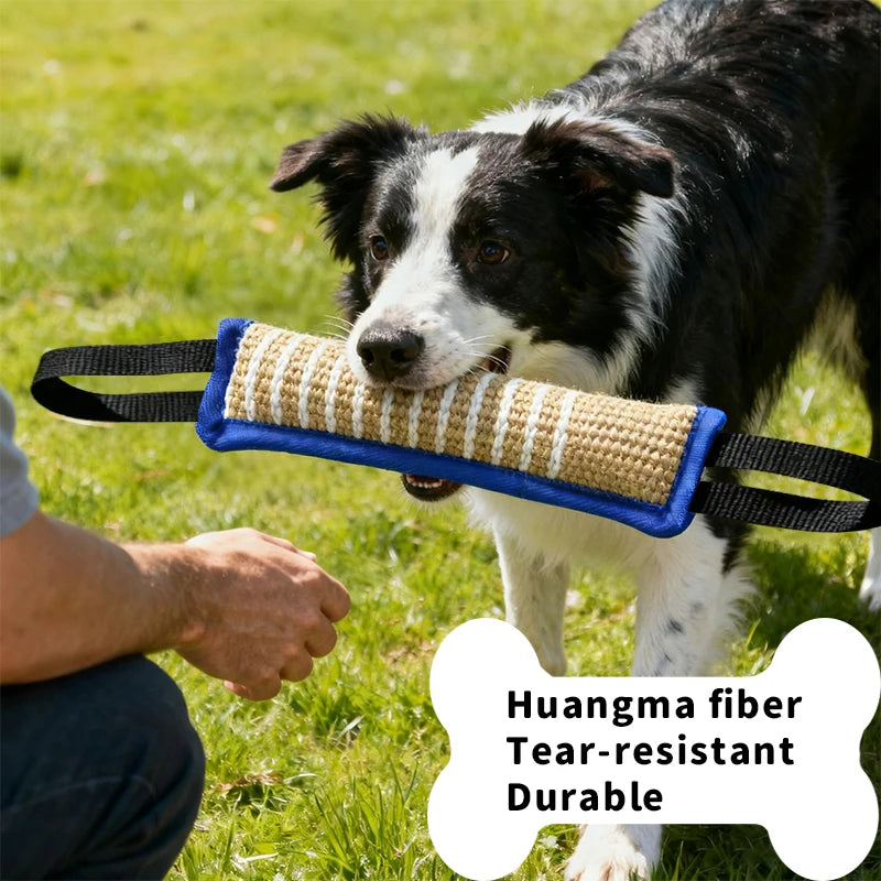 A dog is holding a natural jute fiber tear-resistant durable tug toy with dual handles.