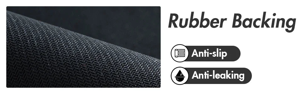 Close-up view of a black fabric with rubber backing, highlighting anti-slip and anti-leaking features.