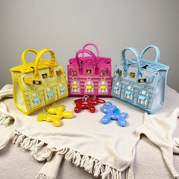 Handcrafted Mini House-Shaped Handbag with Puppy Keychain