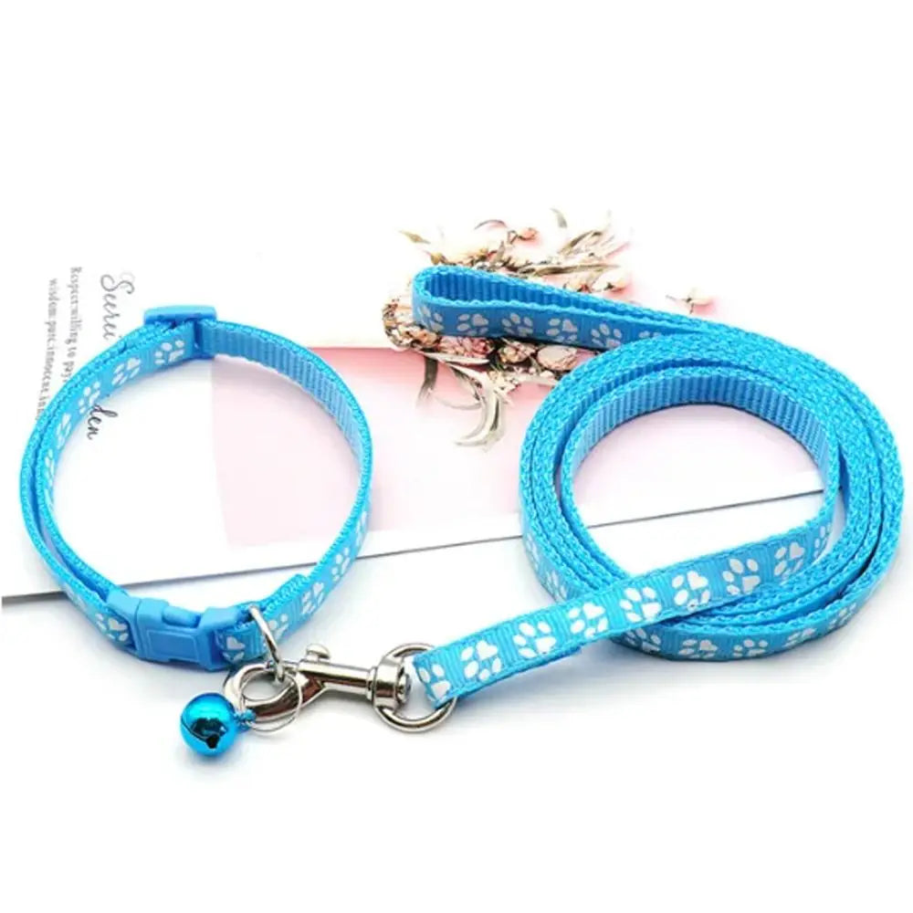 Blue breathable pet walking lead with an adjustable collar and a decorative bone charm