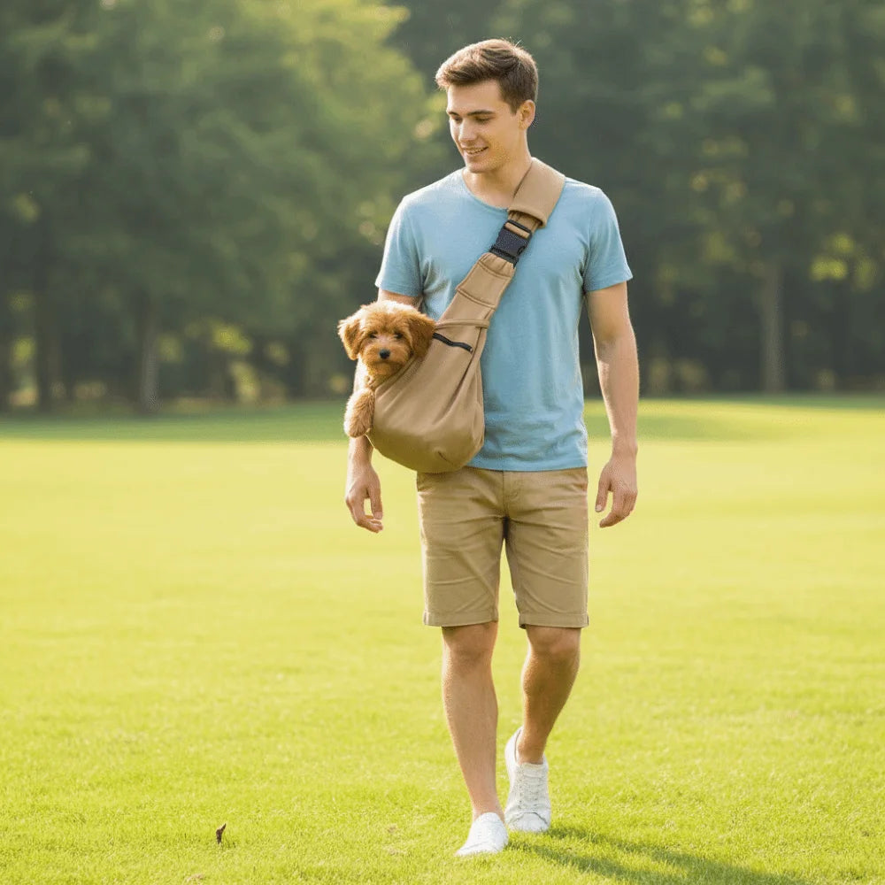 A young man is walking outdoors with a golden retriever in a tan pet carrier bag and safety harness.