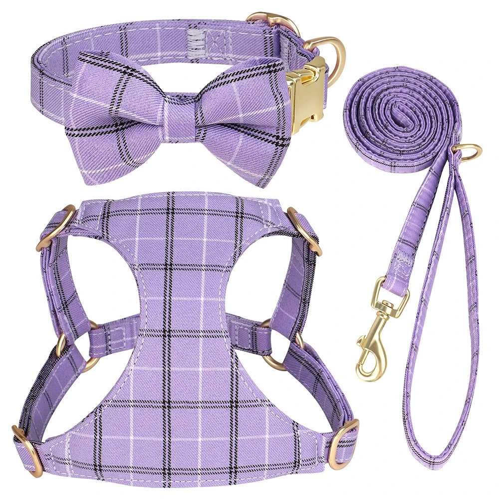 Classic Plaid Dog Collar, Harness & Leash Set with Bowtie
