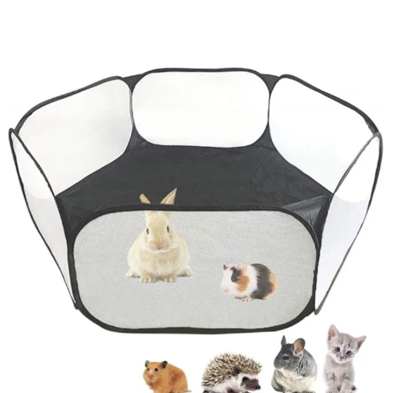 Tente/enclos portable pour animaux de compagnie avec cadre noir et filet blanc, contenant plusieurs petits animaux.