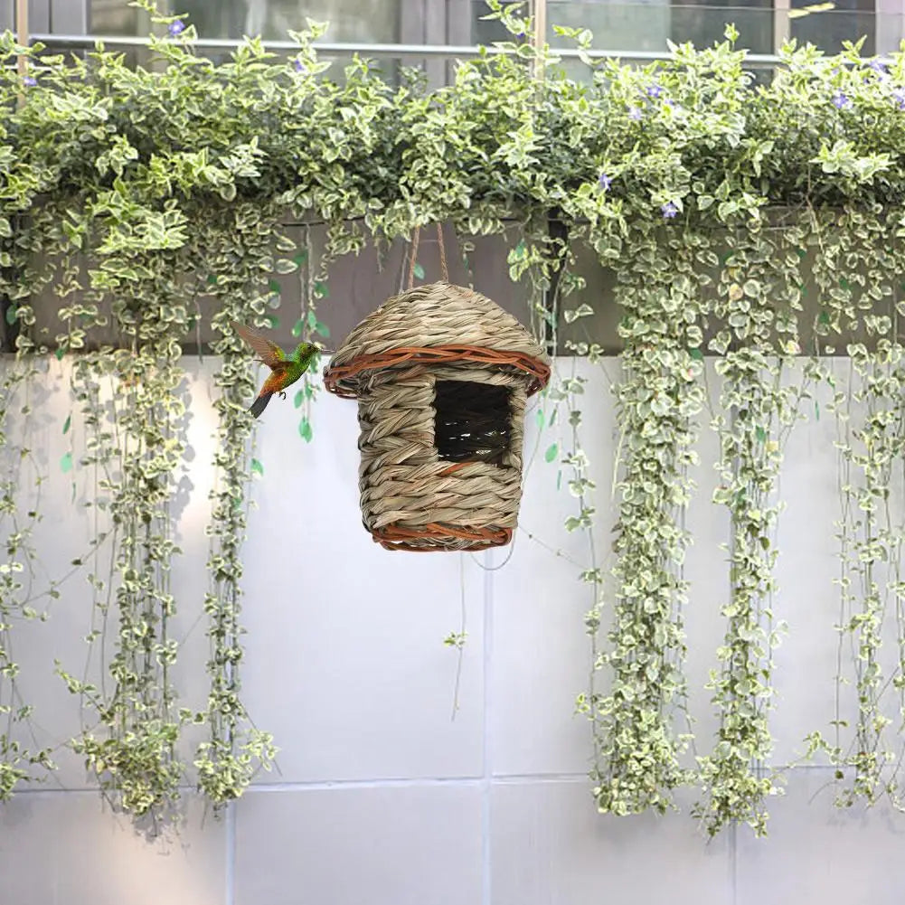 Handwoven straw bird nest hanging from greenery against a white wall.