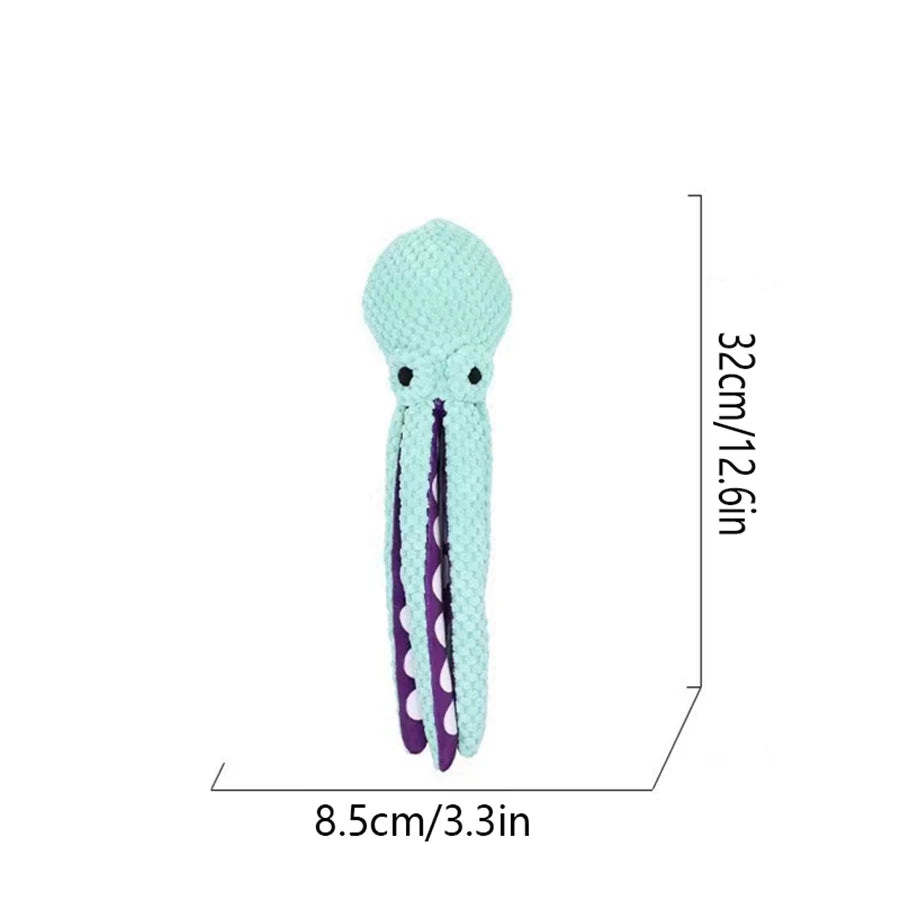 Light blue plush octopus dog toy with purple accents, shown in a vertical orientation.