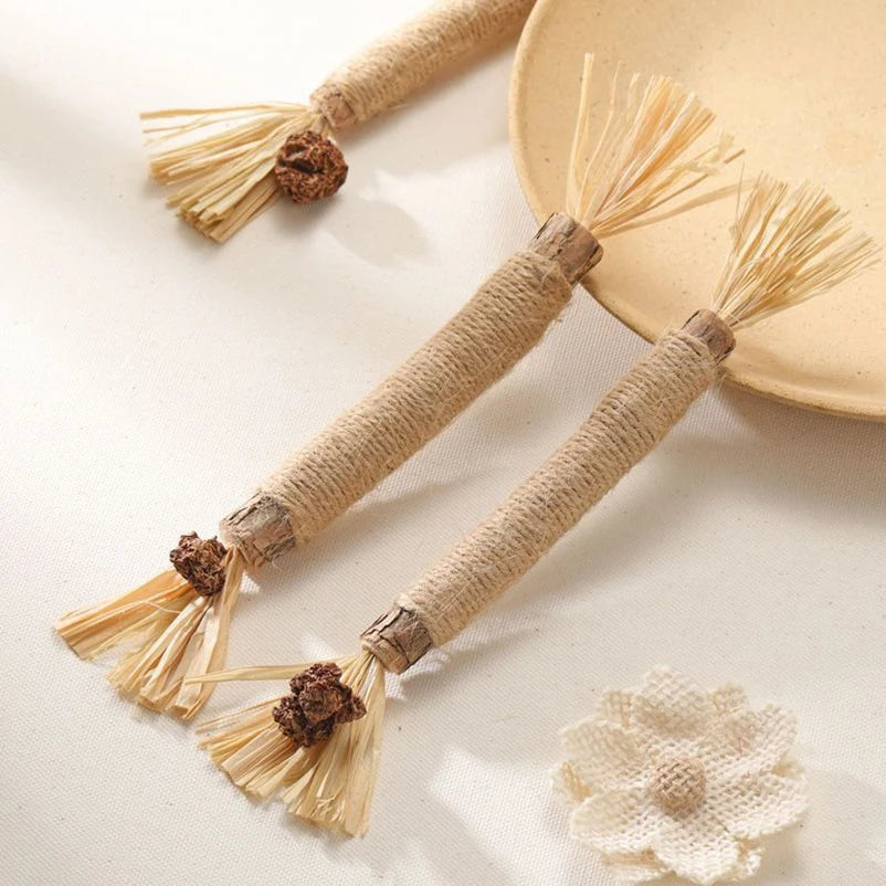 Two natural wood cat chew toys with straw tassels resting on a light colored plate.