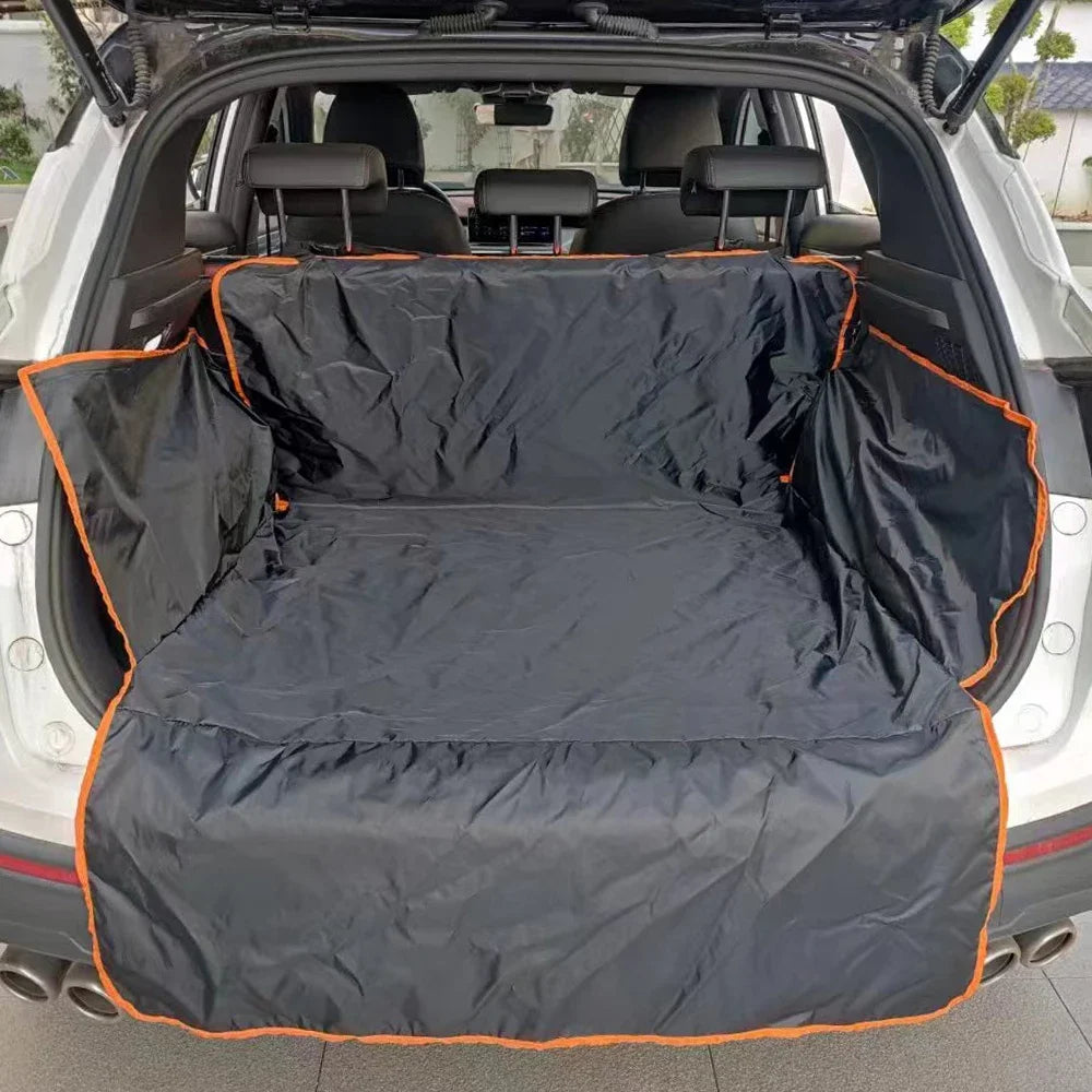 Black waterproof cargo liner for a dog in a white SUV with the rear hatch open
