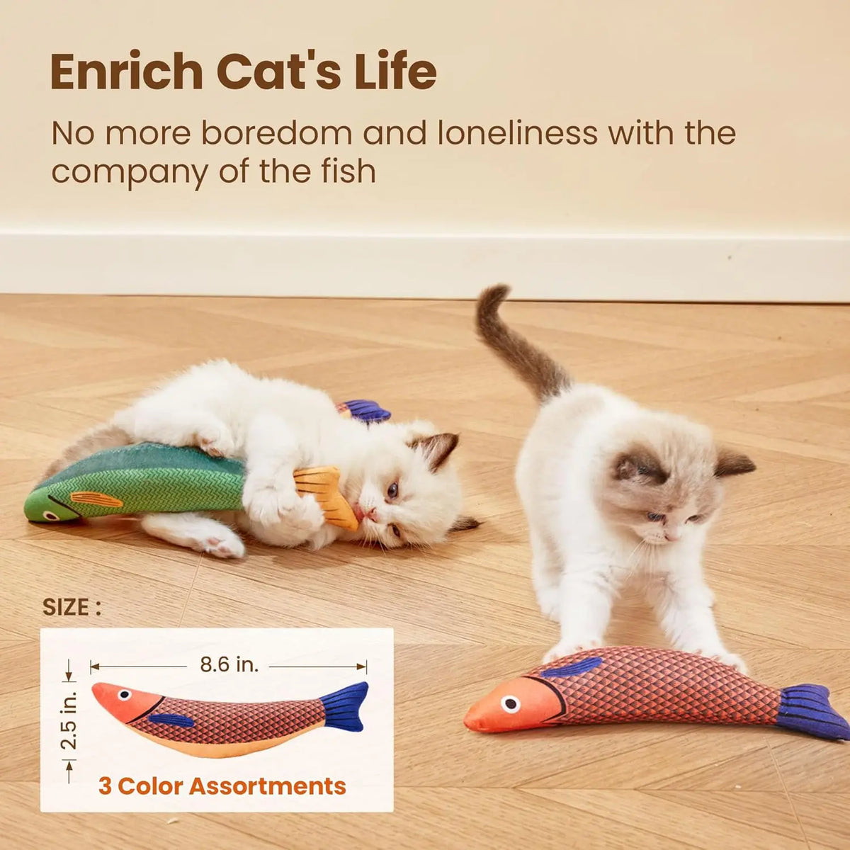 A white kitten plays with a colorful fish toy, demonstrating the Enrich Cat's Life product.