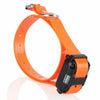 An orange electronic dog training collar with a buckle and strap is shown against a white background.