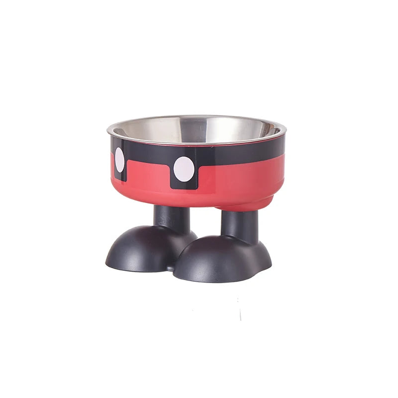 An elevated stainless steel pet bowl with a red base and black stand.