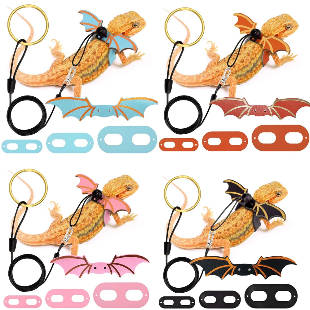 A set of three adjustable harnesses for a bearded dragon featuring bat wings in various colors and styles.