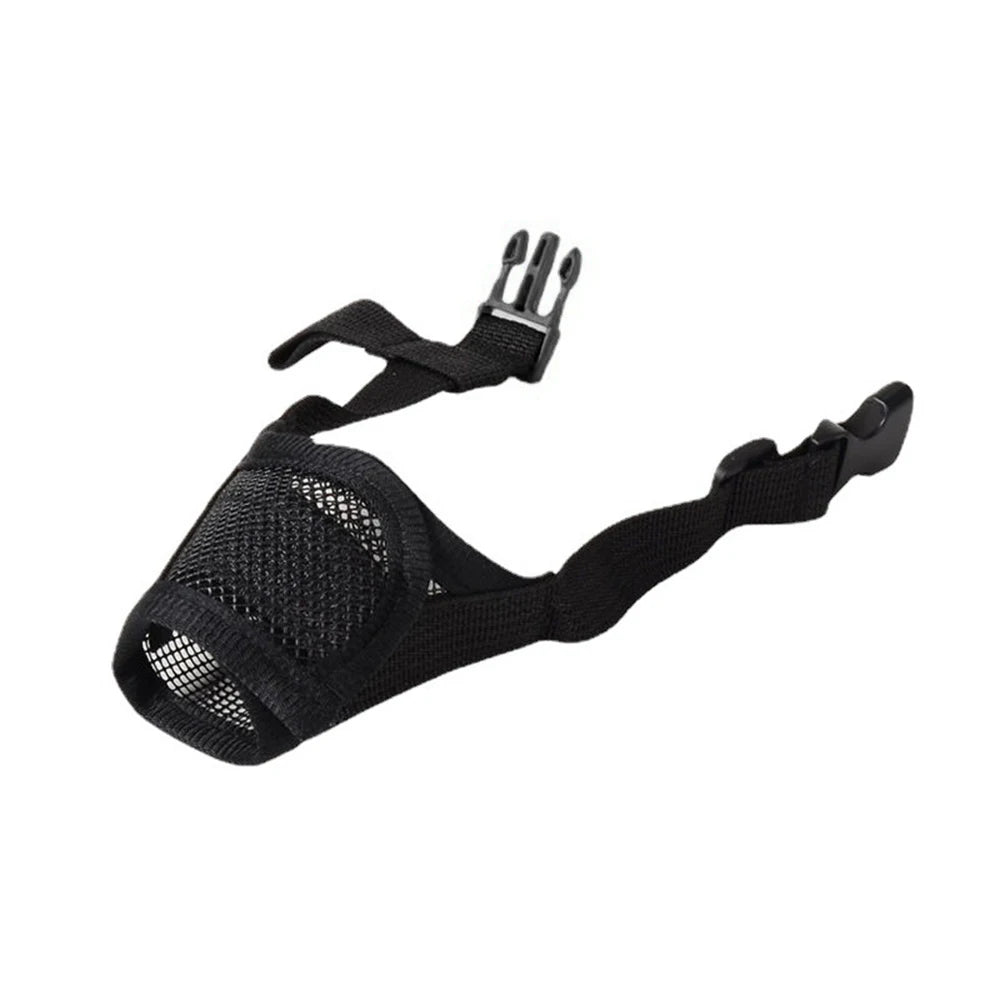 Black adjustable breathable dog muzzle with a flexible strap and metal clasps