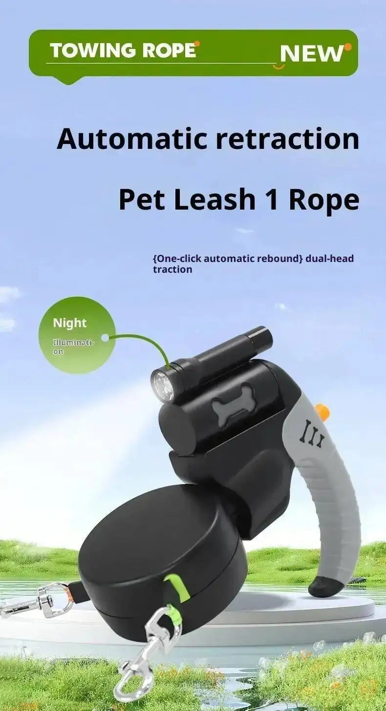 A black pet leash with a retractable rope and built-in LED flashlight is shown against a green outdoor background.
