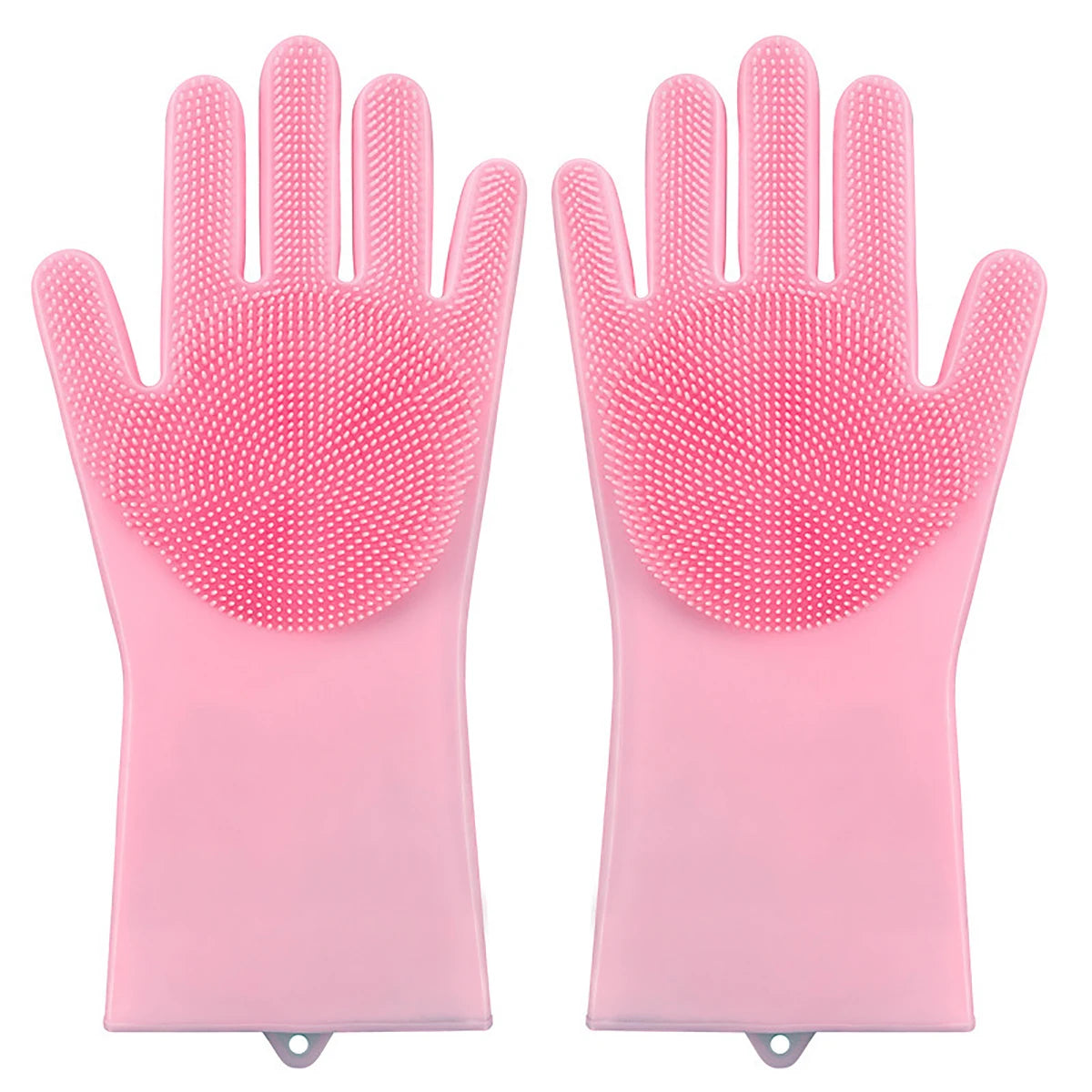 A pair of pink silicone pet grooming gloves with textured palms and fingers.