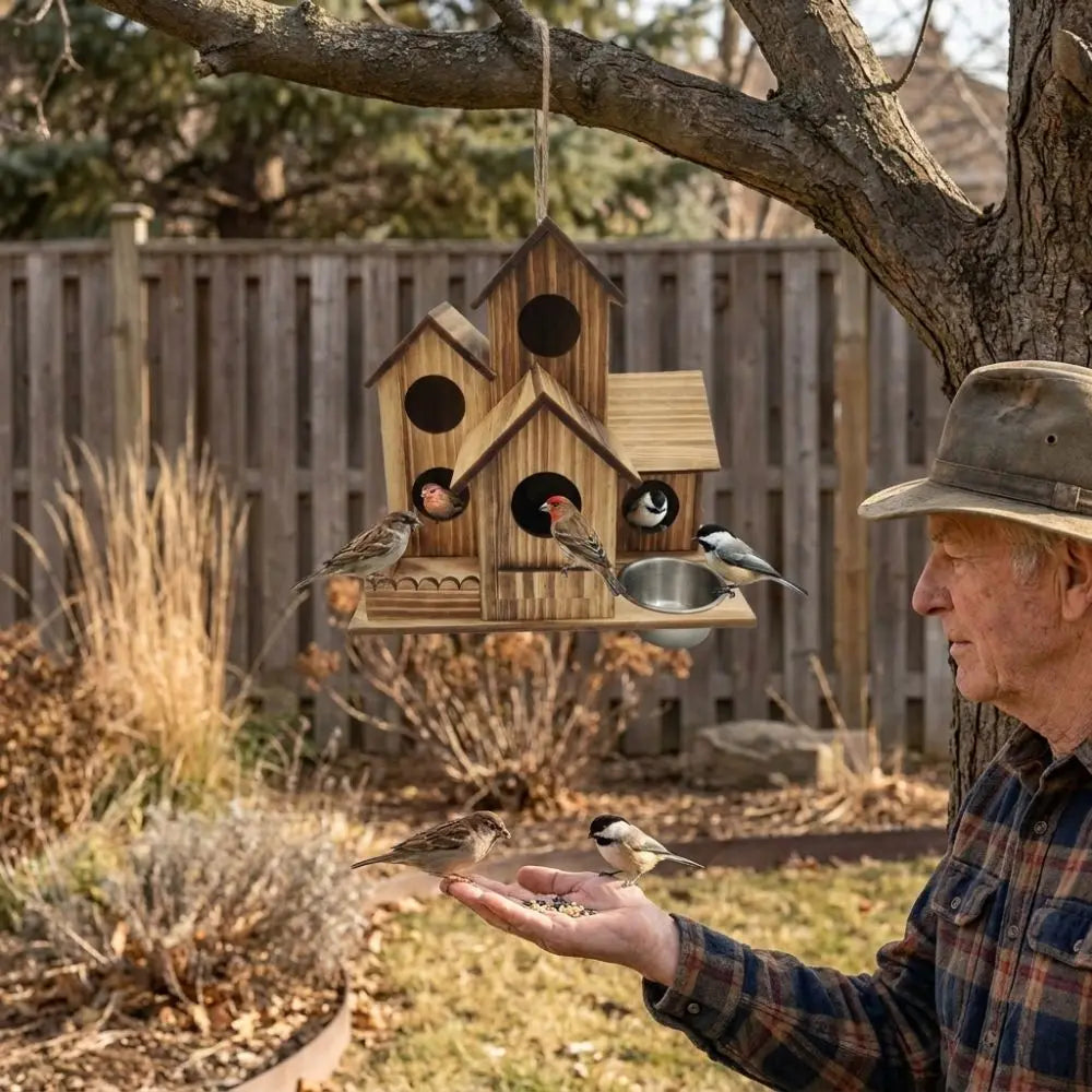 An elderly man holds a handcrafted wooden bird house feeder with multiple entrances in an outdoor setting.