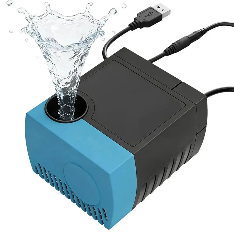 A black submersible pump is shown with a blue base and a clear stream of water coming out.