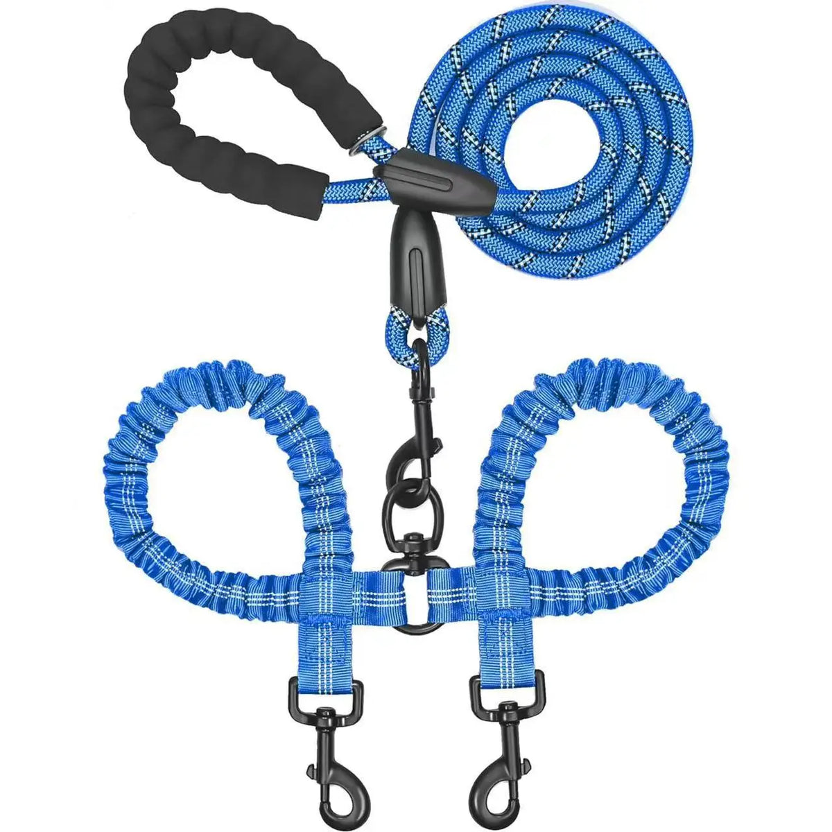 Blue dual dog leash with a 360 degree swivel and shock-absorbing bungee