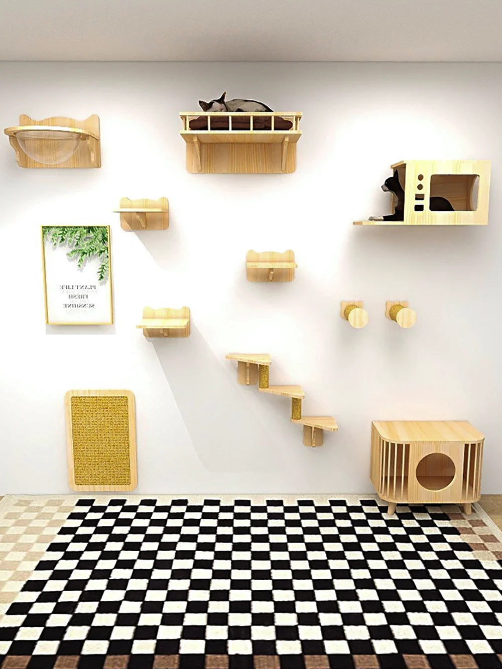 Wall-Mounted Cat Climbing Shelves with Hammock and Scratching Post