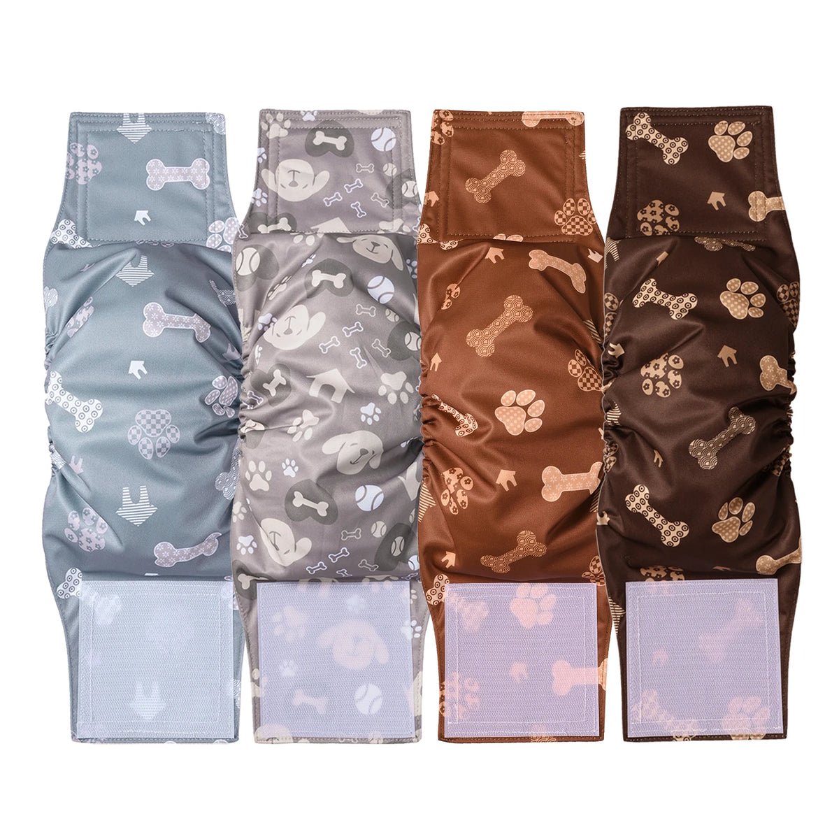 A set of reusable washable dog diaper wraps for male dogs in various patterns and colors.