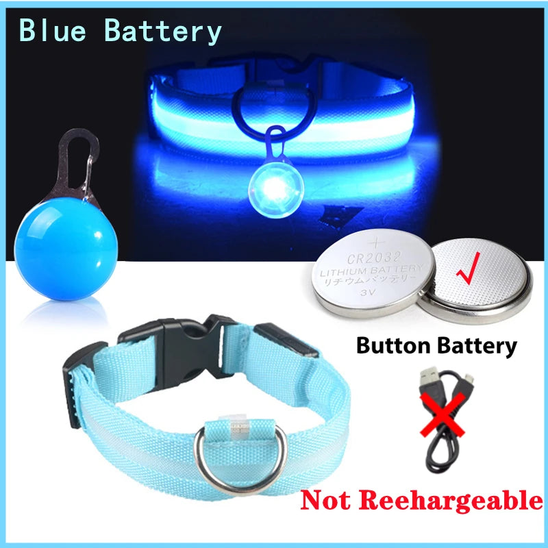 Blue battery and button battery components shown next to a blue LED dog collar and safety pendant