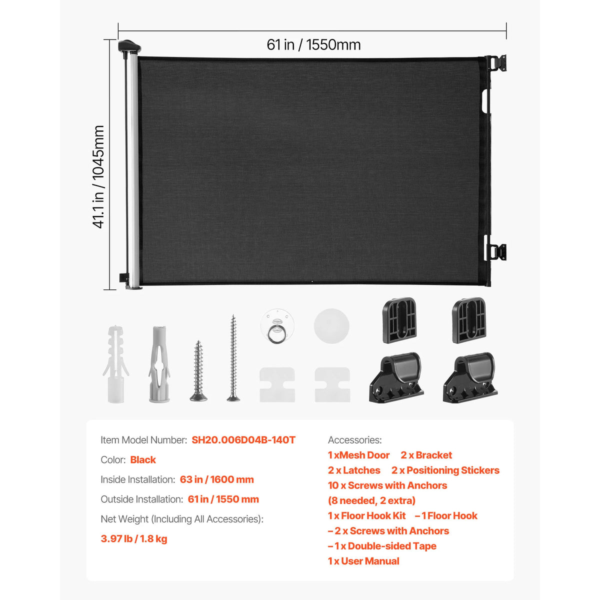 Black retractable mesh safety gate measuring 61 in by 1550 mm with various installation accessories