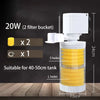 A white submersible aquarium filter with yellow filter material and multiple holes, shown next to a wooden surface.