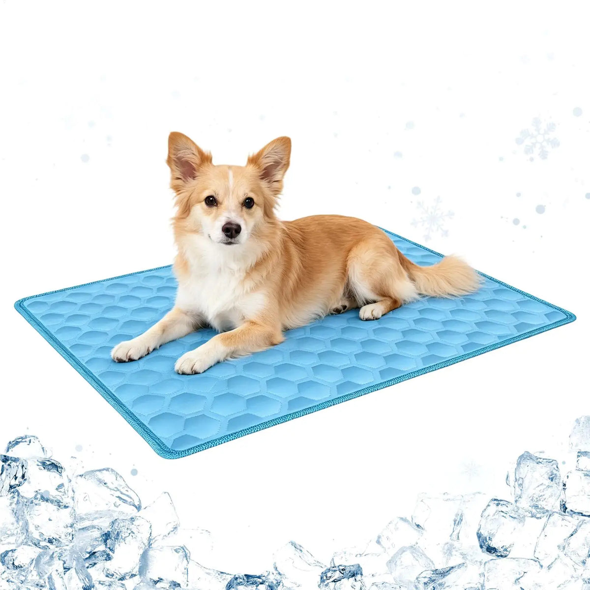 A light brown dog lying on a blue self-cooling mat with ice effects surrounding it.