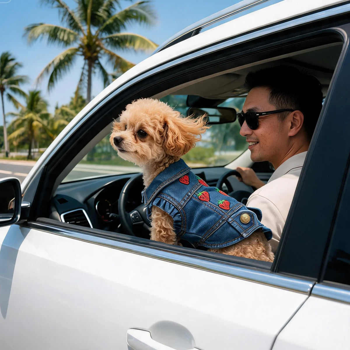 Un homme souriant conduisant une voiture blanche avec un petit chien portant une veste en jean sur le siège passager.