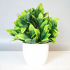 A vibrant green artificial bonsai plant in a white pot, used for indoor or outdoor decor.