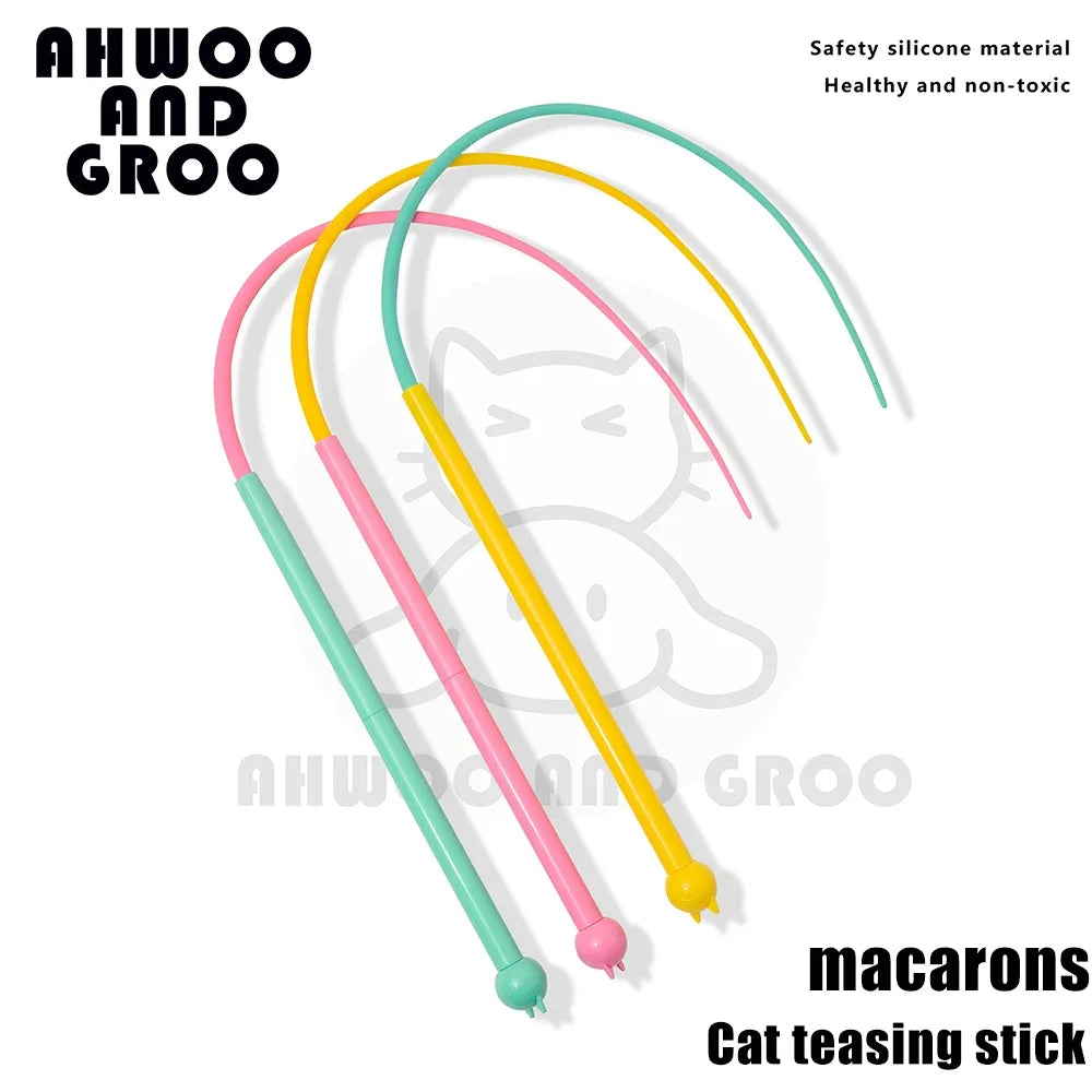 A set of five colorful silicone cat teasing sticks or wands with various colored tails