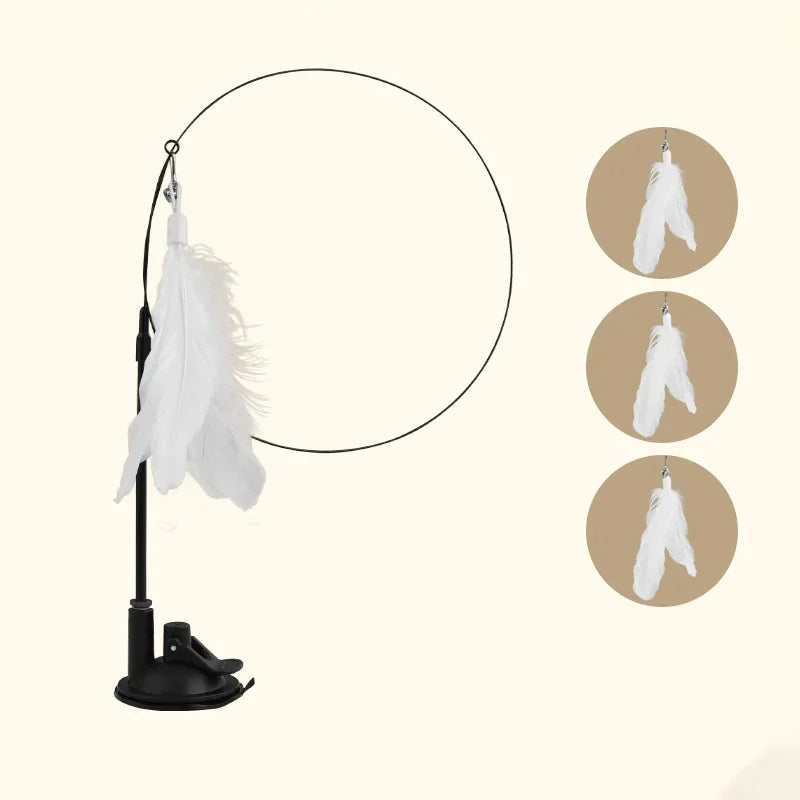 A white feather wand cat toy with a bell hanging from a black stand, shown alongside circular views.