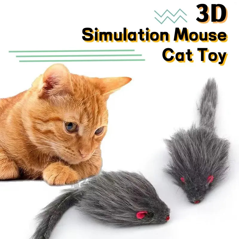 A fluffy orange kitten is shown next to a gray plush simulation mouse cat toy.