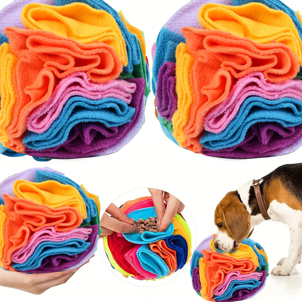 Buntes Stoff-Snuffleball-Hundespielzeug mit leuchtend orange, lila, blau und rosa Falten