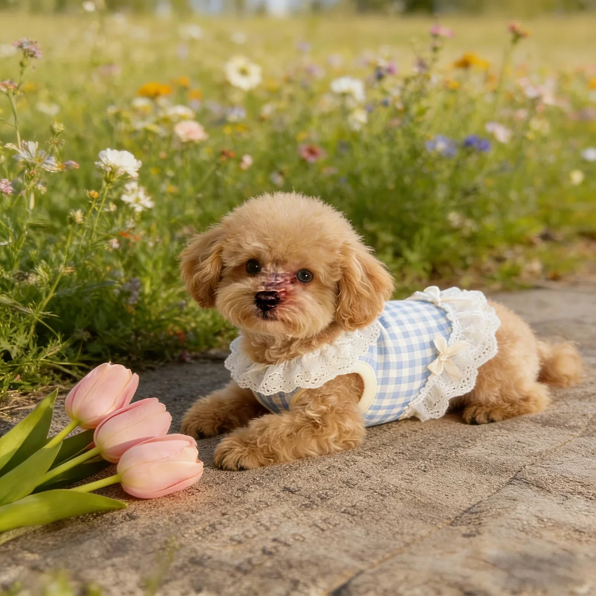 Plaid Lace Pet Dress with Bowknot for Small Dogs and Cats