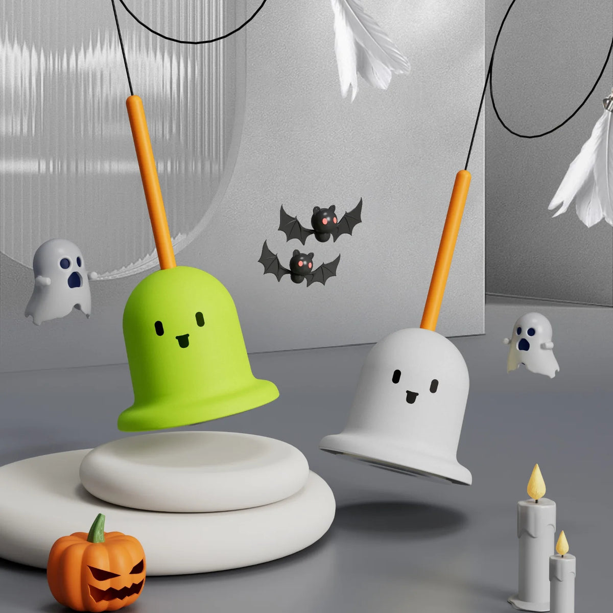 A lime green interactive cat toy with a feather attachment and flexible steel pole is displayed on a gray surface.