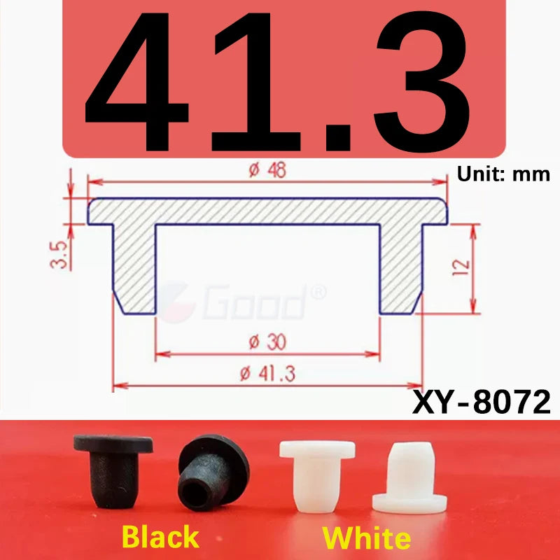 Black and white silicone rubber hole plugs with various diameters shown on a red background
