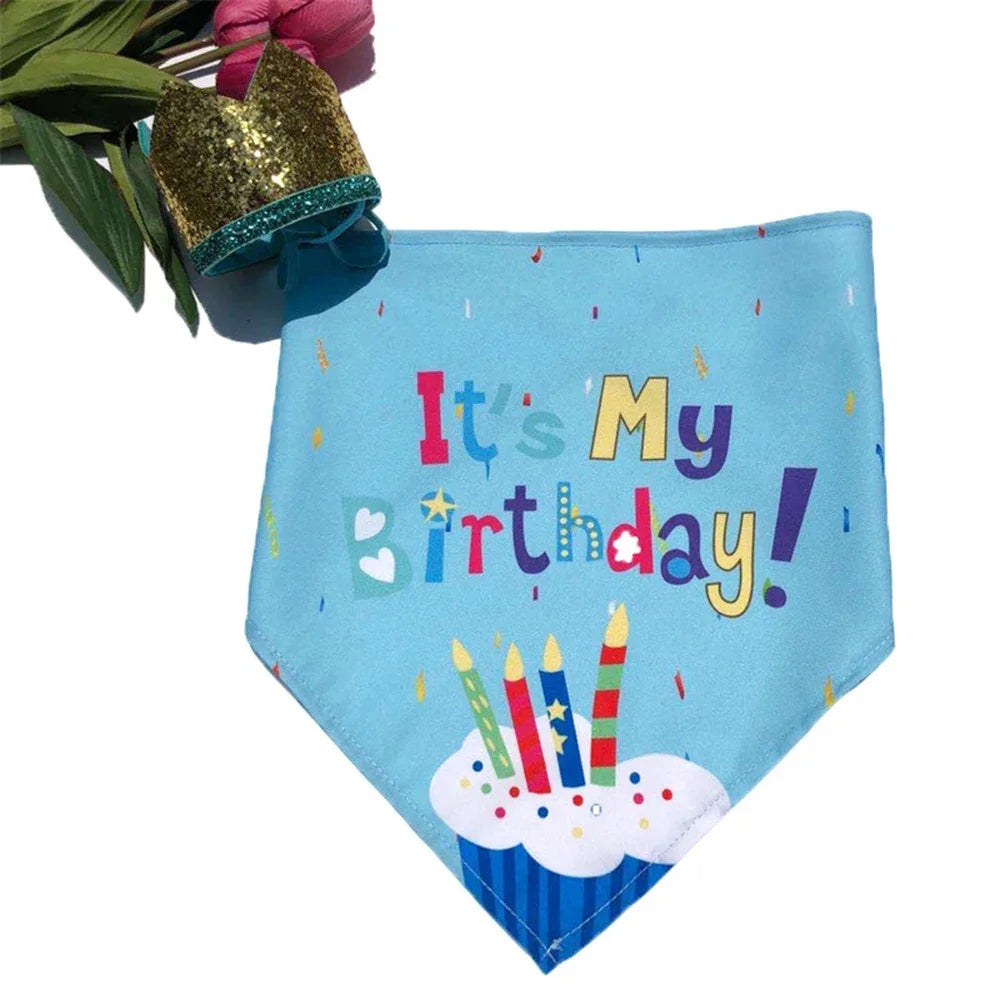 Light blue bandana with text It's My Birthday and colorful candles on a white cloud