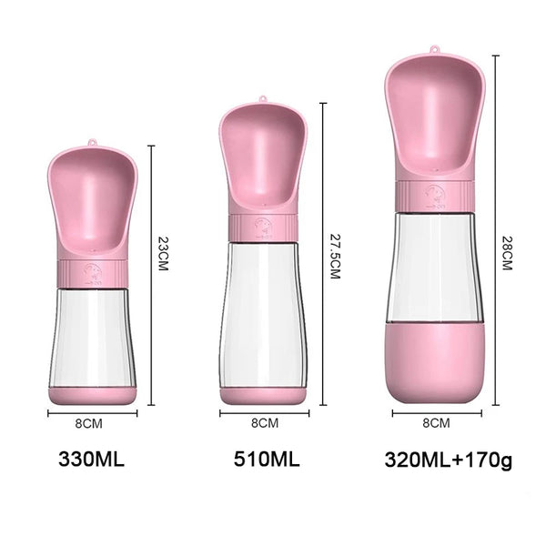 Pink 2-in-1 portable dog water bottle and food container with various sizes
