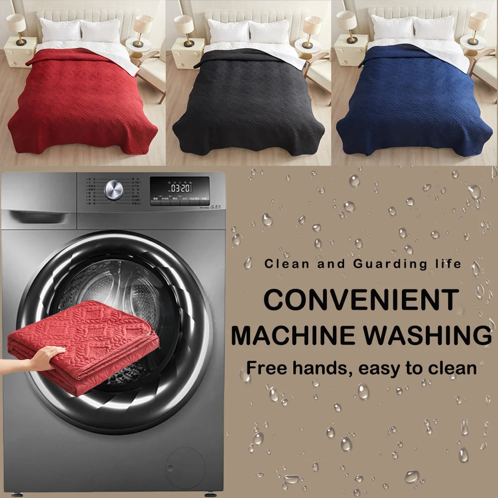 A washing machine is shown with various colored fabric covers, including red, black, and blue, demonstrating convenient machi