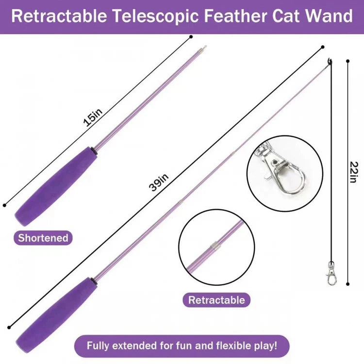 A purple retractable telescopic feather cat wand with various lengths shown for play.