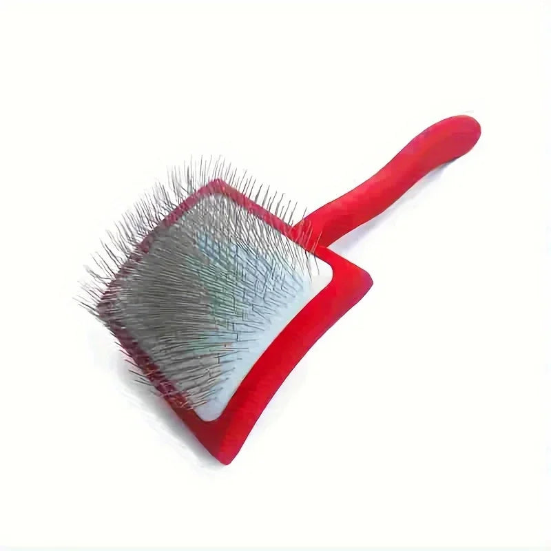A red pin dog slicker brush with flexible bristles for detangling and de-shedding.