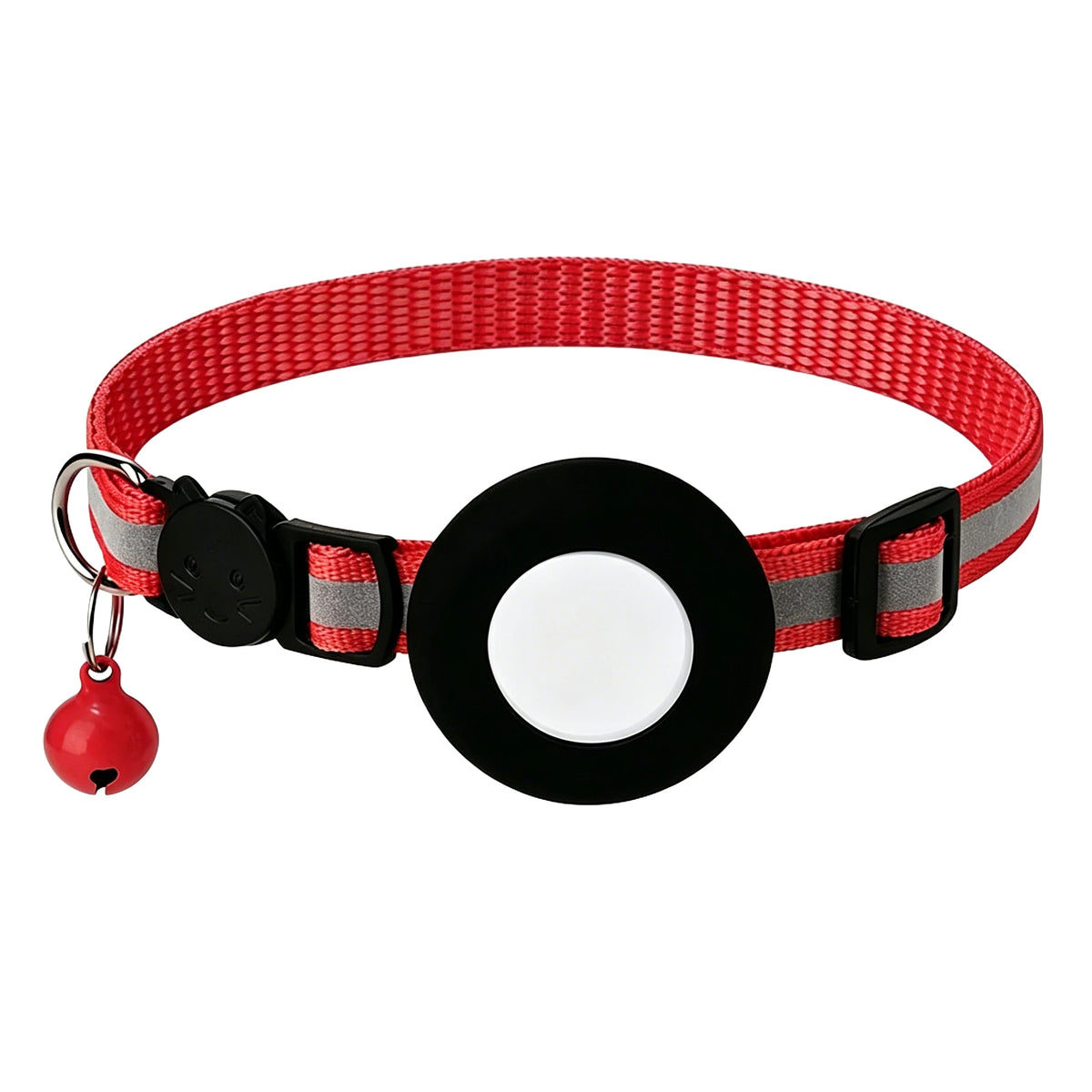 Red and gray breakaway cat collar with a reflective strip and an airtag holder.