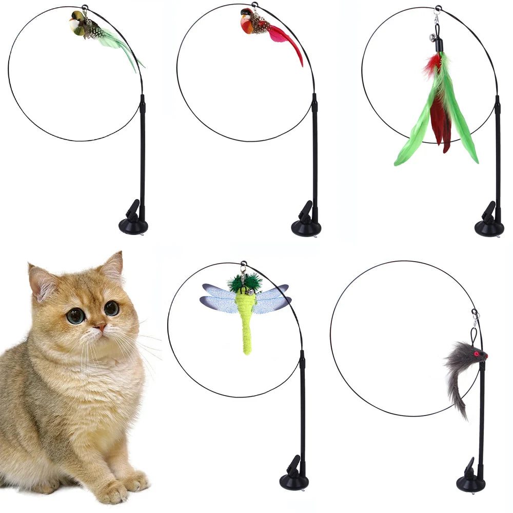 Interactive Feather Cat Teaser Wand with Suction Cup Base