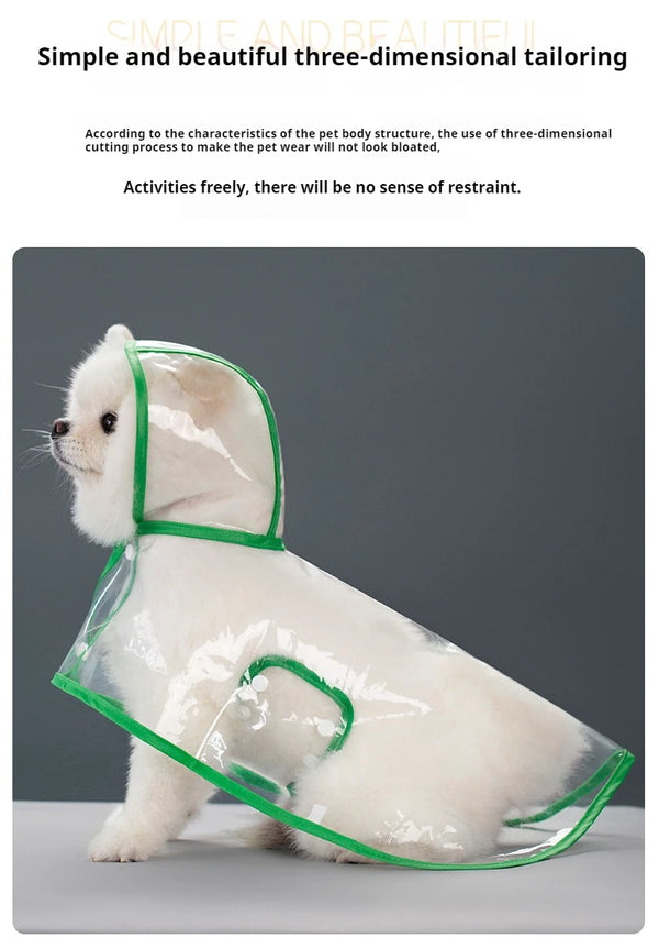 A white dog is wearing a transparent green raincoat with a hood, demonstrating three-dimensional tailoring.