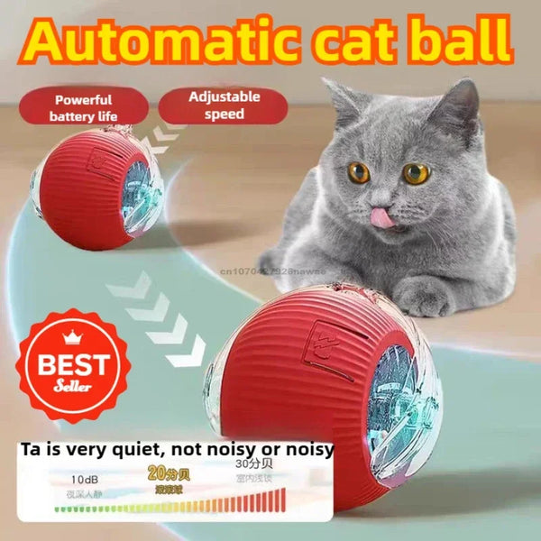 A gray cat is interacting with a red automatic cat ball toy, highlighting its features like battery life and adjustable speed