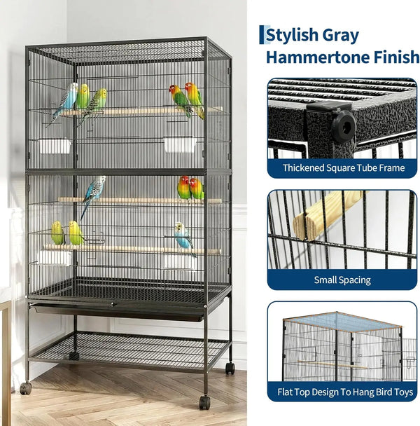 Cage à oiseaux gris élégant avec grillage noir et perches en bois.