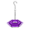 A purple hummingbird feeder with a hanging hook and a hexagonal feeding tray.