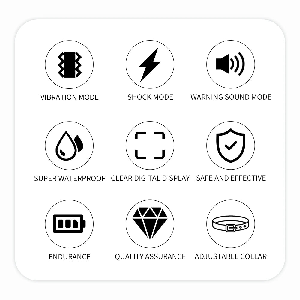 Icons showing features of a rechargeable anti-bark dog training collar including vibration shock warning sound waterproof dis