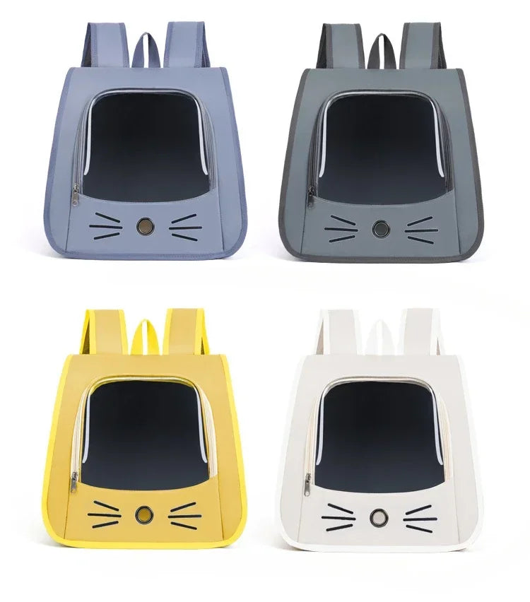 Three versions of a breathable pet carrier backpack for cats and small dogs in light blue, gray, and yellow.